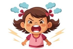 Cartoon Girl Outburst with Pigtails, Red Bows, Lightning on Transparent Background vector