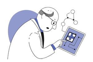 Cartoon Scientist Man with Tablet Isolated on White Background Showing Innovation vector