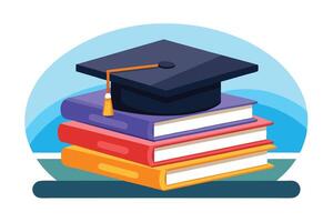 Stacked Books with Graduation Cap Isolated on White Background vector