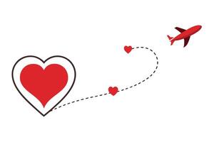 Love Journey by Airplane on White Background with Dashed Line and Hearts vector