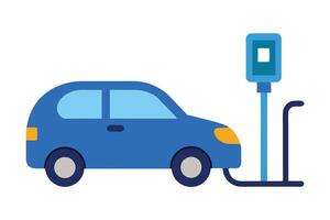 Blue car near electric charging station with handle on transparent background vector