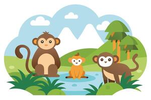 Three Cute Monkeys in Jungle Landscape Flat Design on Transparent Background vector