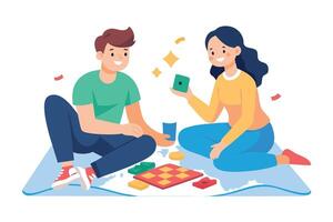 Smiling Couple Playing Board Game with Dice on a Light Blue Play Mat on white vector