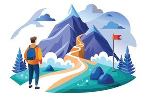 Backpacker's Journey to Mountain Peak with Scenic Trail and Flag Design vector