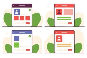 Four Flat Web App Mockups with Leaf Accent on a White Background in Cartoon Style vector