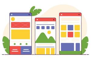 Three smartphones with colorful layout mockup surrounded by leaves vector