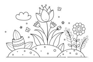 Garden outline with sunflower, cloud, flowerpot on a transparent background vector