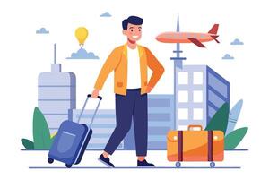 Smiling Man Pulling Suitcase with Airport Plane Building on White Background vector