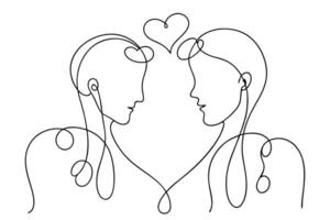 Continuous Line Art Two Faces with Heart in Minimalist Style on White Backdrop vector