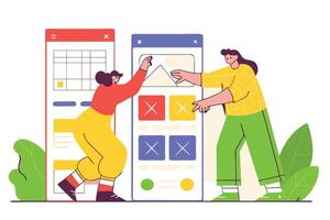 Two People with Mobile User Interface on White Background vector