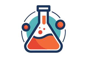 Flat Science Flask Icon with Orange Liquid, Blue Accents on White Background vector