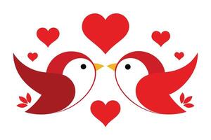Two Red Birds Touching Beaks with Hearts on White Background Valentine Design vector