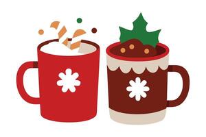Two Festive Holiday Cocoa Mugs with Candy Canes and Holly Design on White Background vector