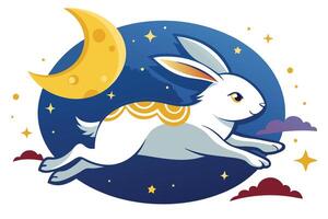 Cartoon Leaping Rabbit With Moon, Stars And Clouds On Transparent Background vector