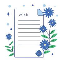 Wish List with Blue Flowers on White Background Design vector