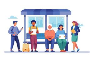 Diverse People Waiting at Bus Stop, Holding Papers, Cartoon Style, Transparent Background vector