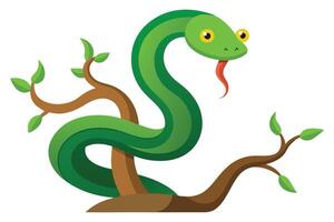 Cartoon Green Snake Wrapped Around Tree Branch with Leaves Isolated on White vector
