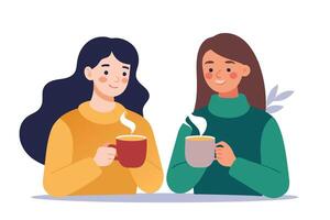 Smiling Women with Coffee Mugs, Flat on White Background vector