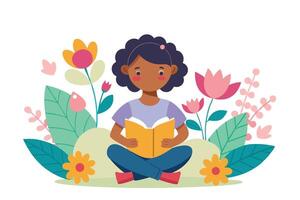 Afro Girl Reading Book with Floral Elements in Flat Design on White Background vector