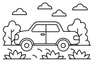 Outlined Car on White Background with Clouds and Trees Simple Black Icon vector