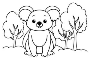 Cartoon Koala Line Art with Forest Tree Background, Outline Style vector
