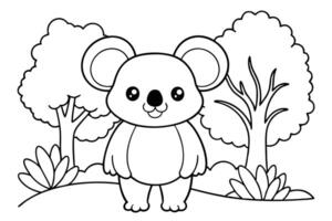 Cute Koala Bear Outline Cartoon Character Design in Forest Line Art on Transparent Background vector