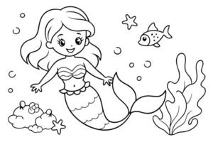 Outlined Cartoon Mermaid with Fish, Starfish and Seaweed on Transparent Background vector