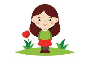 Smiling Cartoon Girl with Tulip on Green Hill with Transparent Background vector