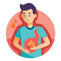 Flat Design of Uncomfortable Man with Fire Shape Stomach on White Background vector