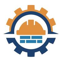 Orange Hardhat on Brick Wall within Blue Gear Shape Isolated on White Background vector
