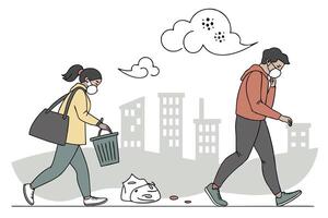 Cartoon Woman Carries Trashcan, Man Walks Masked in City during Pandemic, Pollution vector