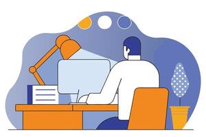 Back View of Man on Chair Working at Desk with Lamp and Plant vector