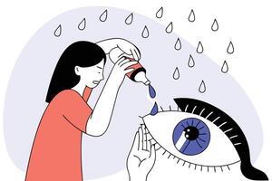 Woman Applying Drops to Large Eye in Minimalist Cartoon Style with Clean Lines vector