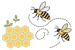 Cartoon Bees Flying with Honeycomb and Leaves on White Background vector