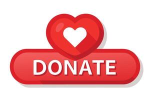 Glossy Red Donate Button with White Heart on White Background. Icon vector