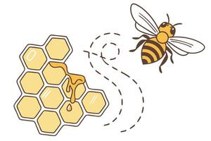 Honeycomb with Dripping Honey and Bee Flying with Dotted Line Path on White Background vector