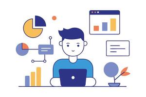 Person with Laptop surrounded by Charts and Diagrams in Cartoon Style with White Background vector
