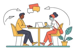 Line Art Diverse People at Table with Laptops, Coffee and Plant on White Background vector