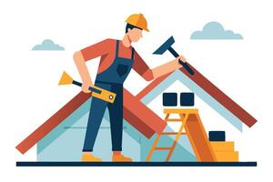 Man with Hammer and Roof Construction with Yellow Helmet in Flat Design vector