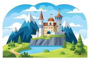 Fairy Tale Cartoon Castle on Cliff with Mountains, Clouds, and Forest vector