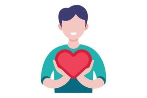 Smiling Man Holding Red Heart Shape in Hands on White Background vector
