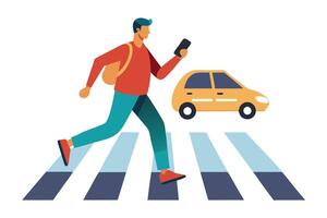 Cartoon Man Runs on Zebra Crossing with Phone and Yellow Car on White vector