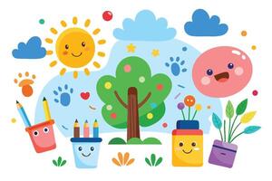 Cheerful Flat Design with Smiling Sun and Cute Nature Elements vector