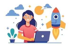 Flat Style of Woman with Laptop, Rocket, Clouds and Decorative Elements vector