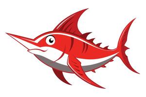 Red Swordfish Cartoon with Fins, Sharp Bill, and White Background vector