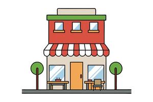 Colorful TwoStory Building with Awning, Trees, and Tables in Cartoon Style vector