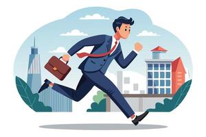 Cartoon Businessman Running with Briefcase in Cityscape Blue Suit Red Tie vector