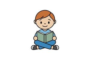Cartoon Boy Reading Book Cross Legged on Transparent Background vector