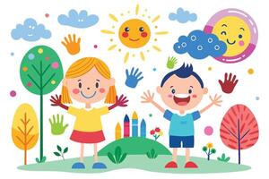 Cheerful Boy and Girl with Hands Up, Smiling Sun, Clouds, Trees on White Background vector