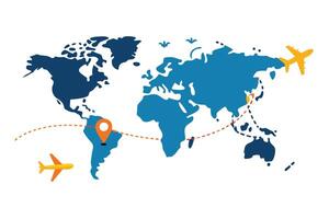 World map route, plane, destination pointer icon on white background vector